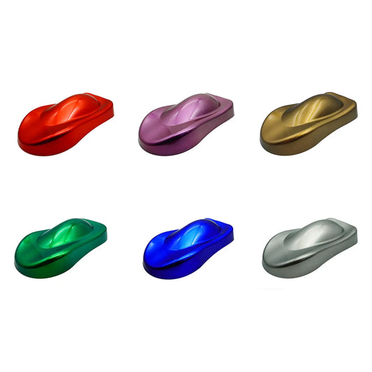 Automotive coating panels demonstrating optical chrome pigment effects from the sample pack with metallic finishes
