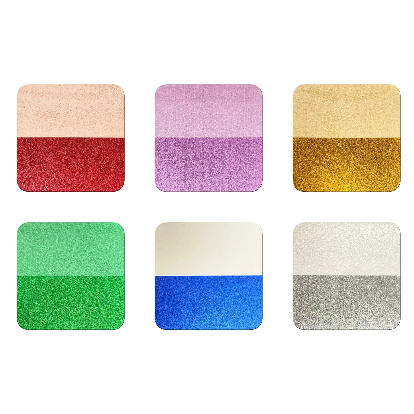 Black and white drawdown cards showing opacity and optical reflectivity of 6 optical chrome pigments