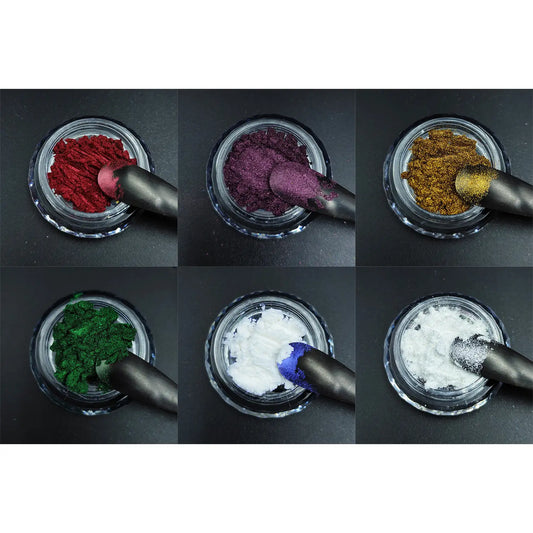 Optical Chrome Sample Pack showing 6 optical chrome pigment powders in raw metallic and translucent forms