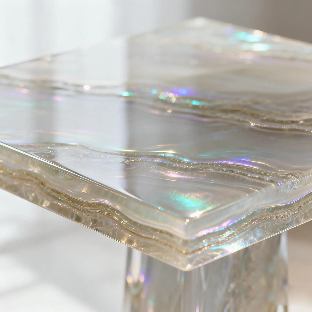 resin table surface with flowing metallic pigment effect