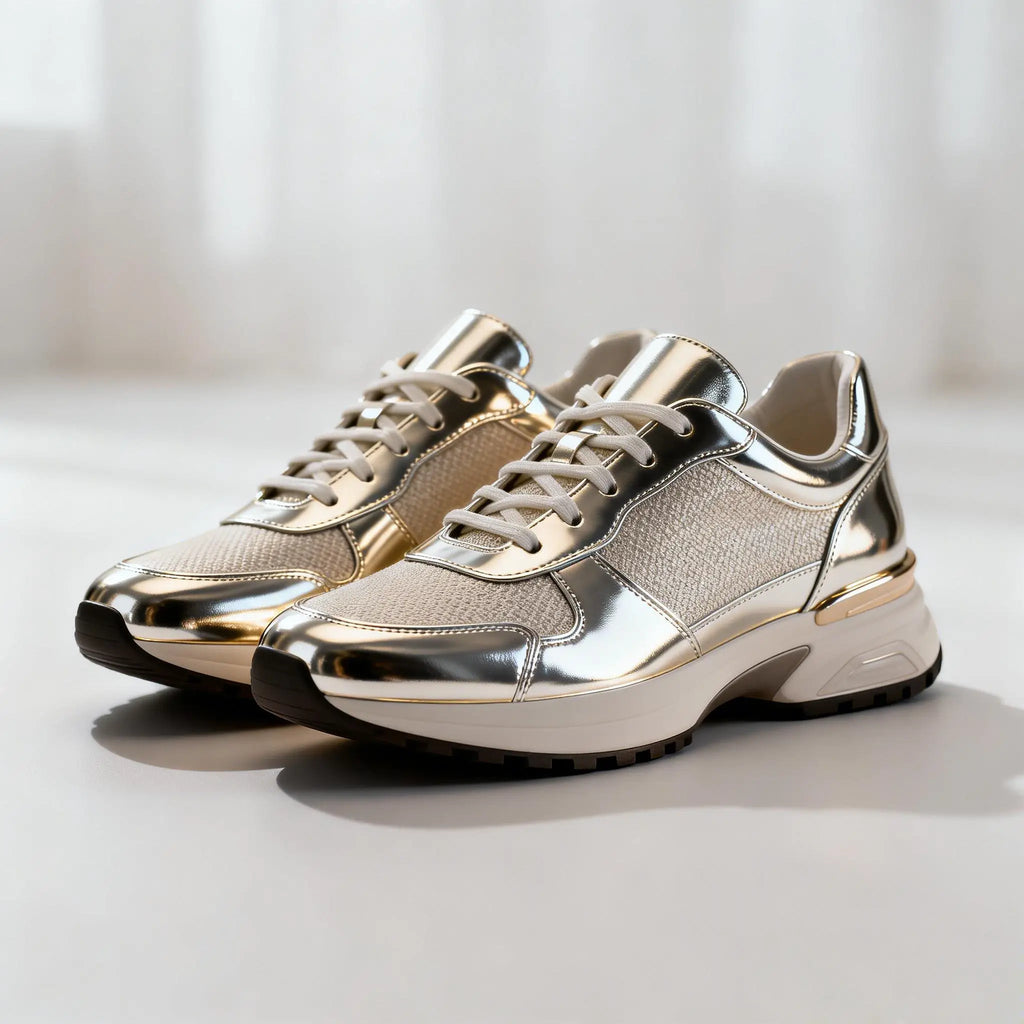 sneakers with reflective iridescent material finish